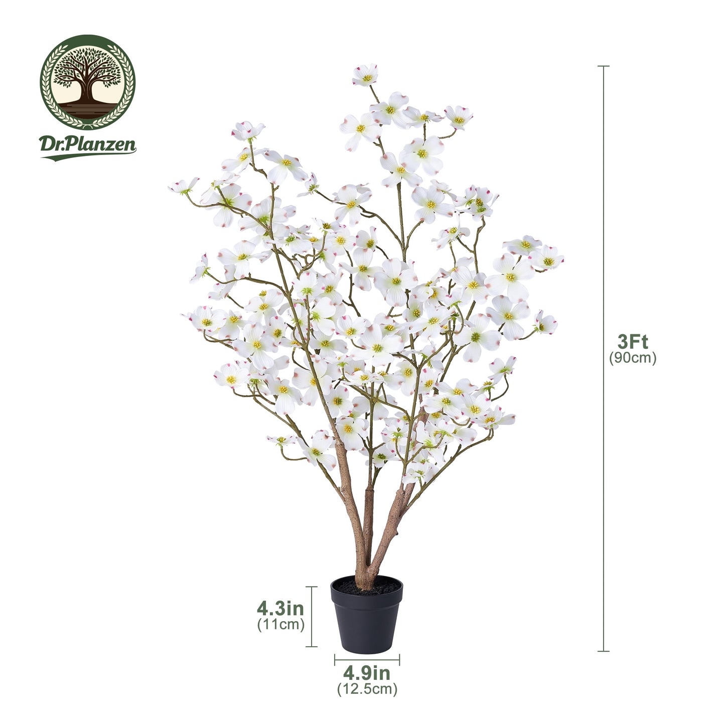 DR.Planzen 2 Pack 3ft Artificial White Dogwood Tree, Lifelike Faux Dogwood Flower Tree with Green Leaves for Home Decor Indoor Outdoor, Spring Decoration for Living Room Office