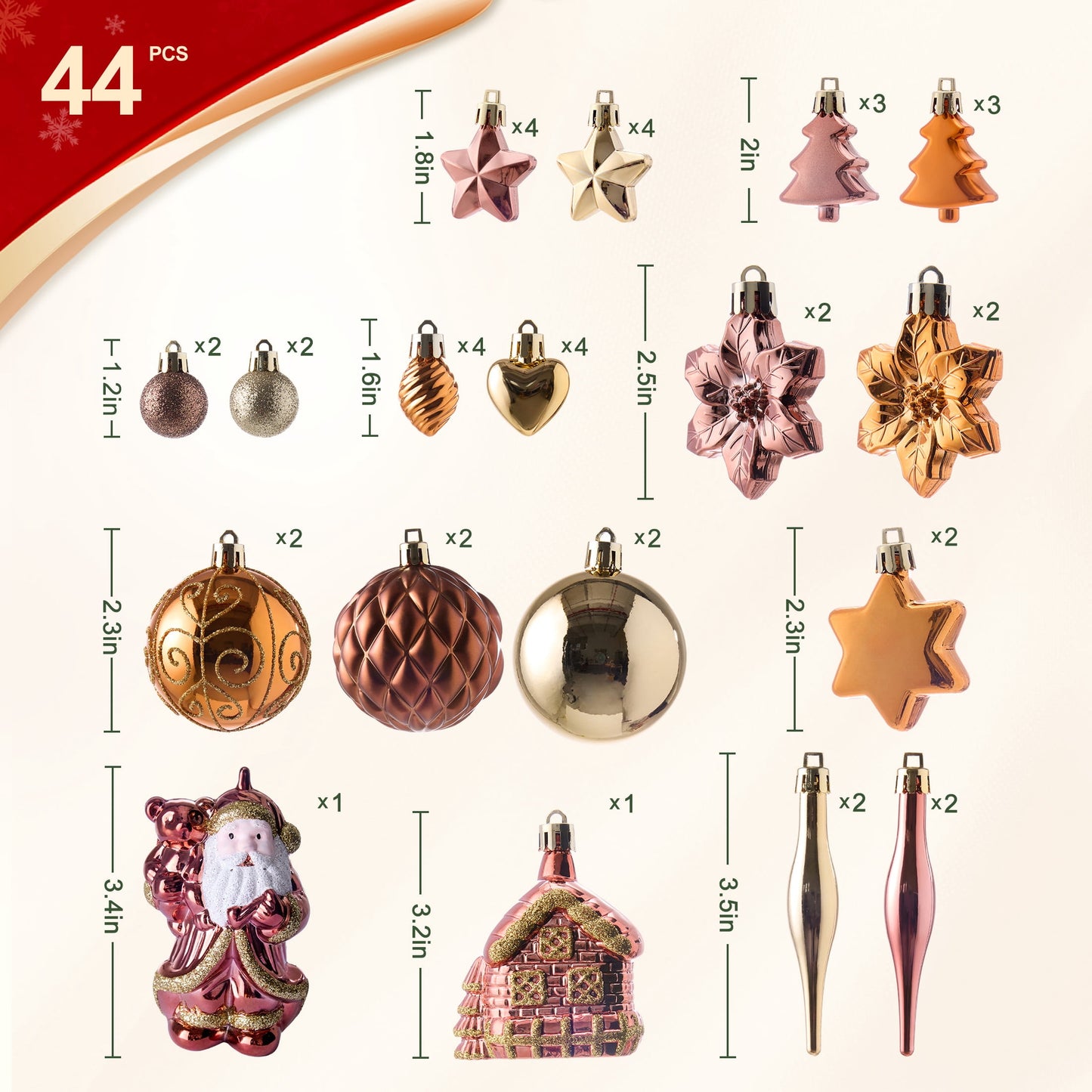 DR.Planzen 44ct Brown Gold & White Christmas Ornaments Set, Assorted 2.36" & 1.18" Embossed Glazed Holiday Balls with Trees & Hearts, Indoor Rustic Decor