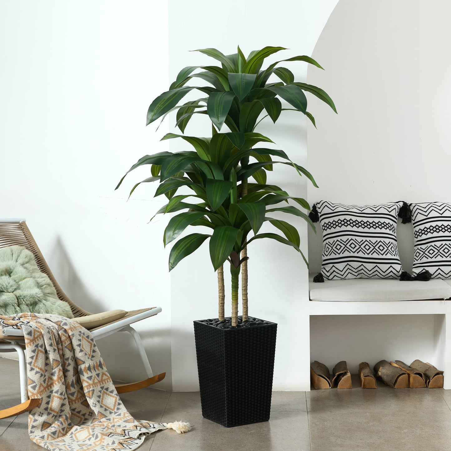 DR.Planzen Artificial Dracaena Tree 5ft - UV Protected Faux Dracaena Plant with 57 Green Leaves, Fake Tree for Indoor & Outdoor Use, Sturdy Tall White Planter with River Stones