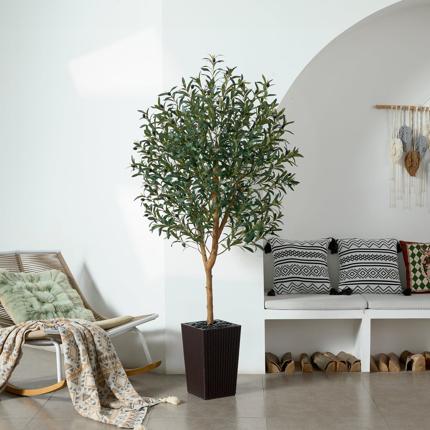 DR.Planzen UV Resistant 6ft Artificial Olive Tree with Natural Wood Branches and Realistic Silk Leaves,Faux Olive Tree for Indoor and Outdoor Decor - Brown Large Planter with Pebbles