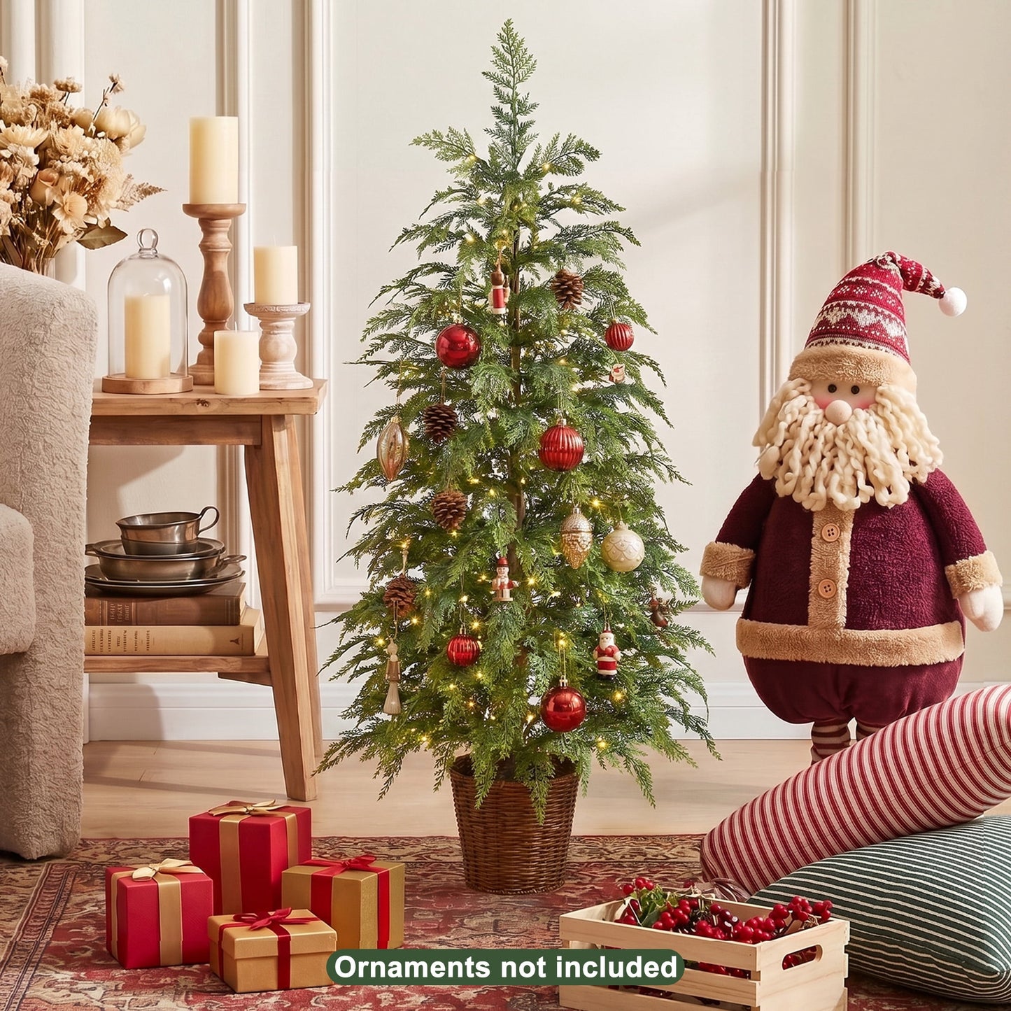 DR.Planzen 4' Pre-Lit Green Cypress Artificial Christmas Potted Tree with 100 Warm White Twinkle LED Lights, Indoor Tabletop Holiday Decoration in Woven Basket Base
