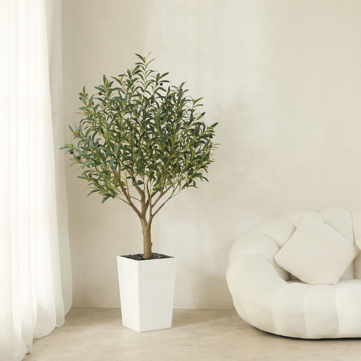 DR.Planzen UV Resistant 5ft Artificial Olive Tree in White Large Planter with Pebbles¨C Faux Olive Tree for Indoor and Outdoor Decor, Lifelike Greenery for Home & Garden Decor