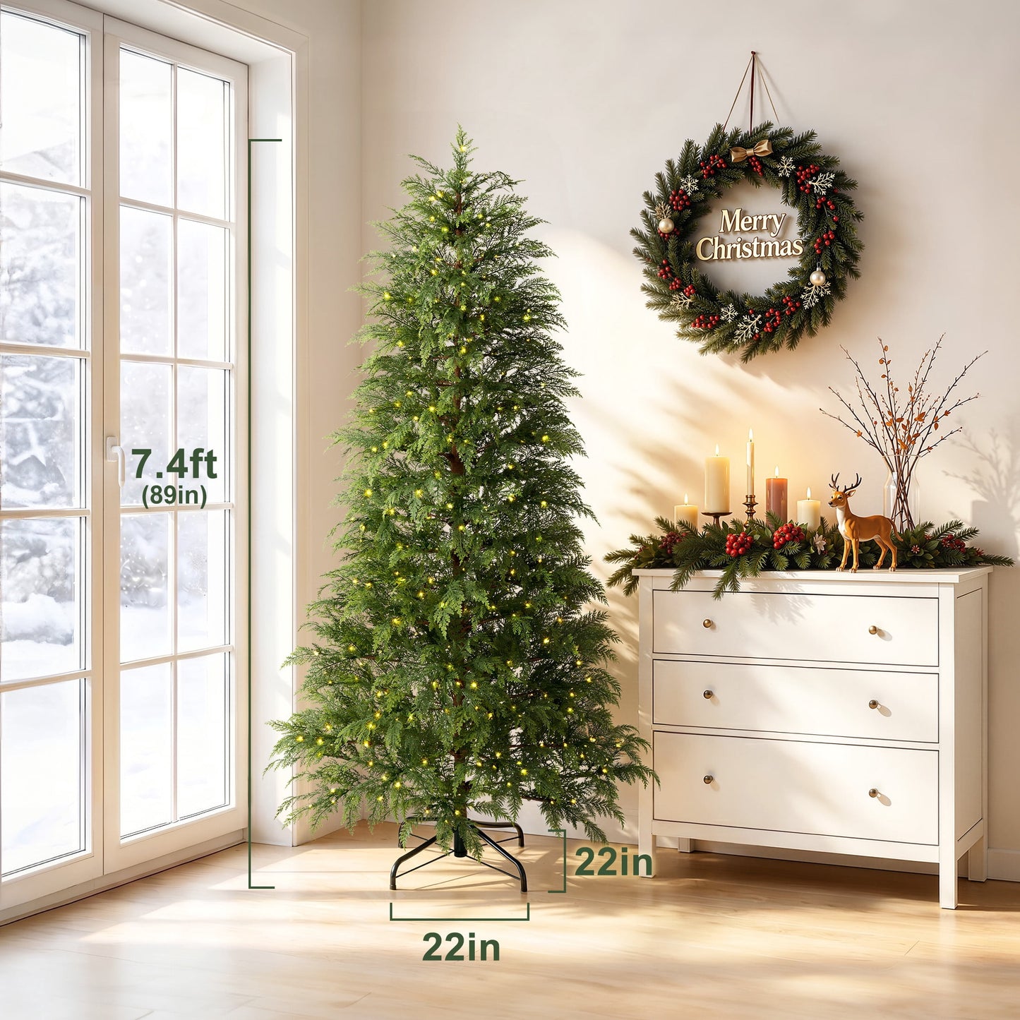 DR.Planzen 7.5' Pre-Lit Green Cypress Artificial Christmas Tree with 500 Warm White Twinkle LED Lights, Full-Bodied Xmas Tree with Metal Stand, Indoor Holiday Decoration