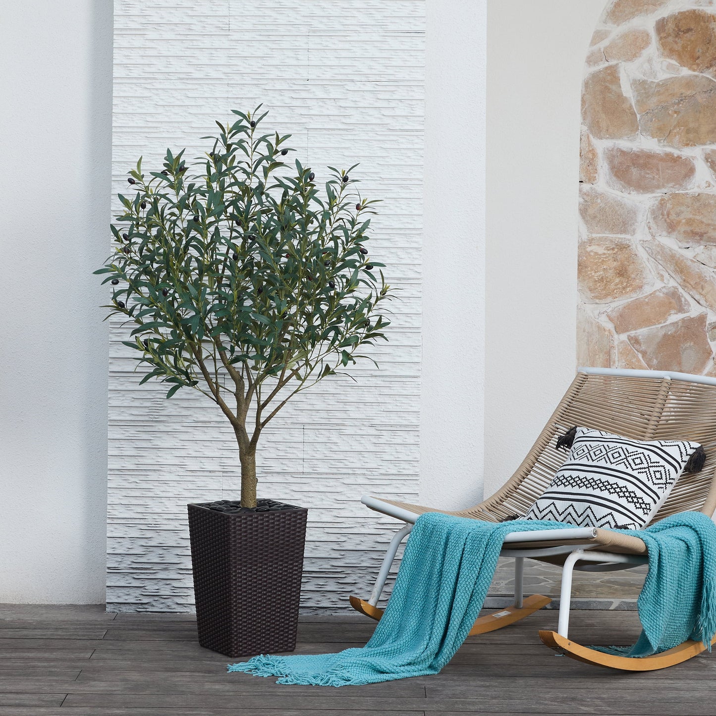 DR.Planzen UV Resistant 5ft Artificial Olive Tree in Brown Large Planter with Pebbles¨C Faux Olive Tree for Indoor and Outdoor Decor, Lifelike Greenery for Home & Garden Decor