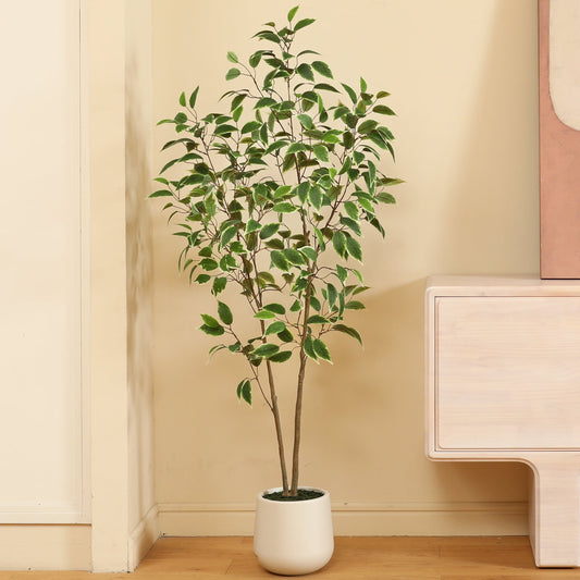 5ft Fake Ficus Tree with Oval White Planter, Pre Potted Faux Greenry Plant for Home Decor Office House Living Room Indoor Outdoor, Big Fake Plants Fake House Plants