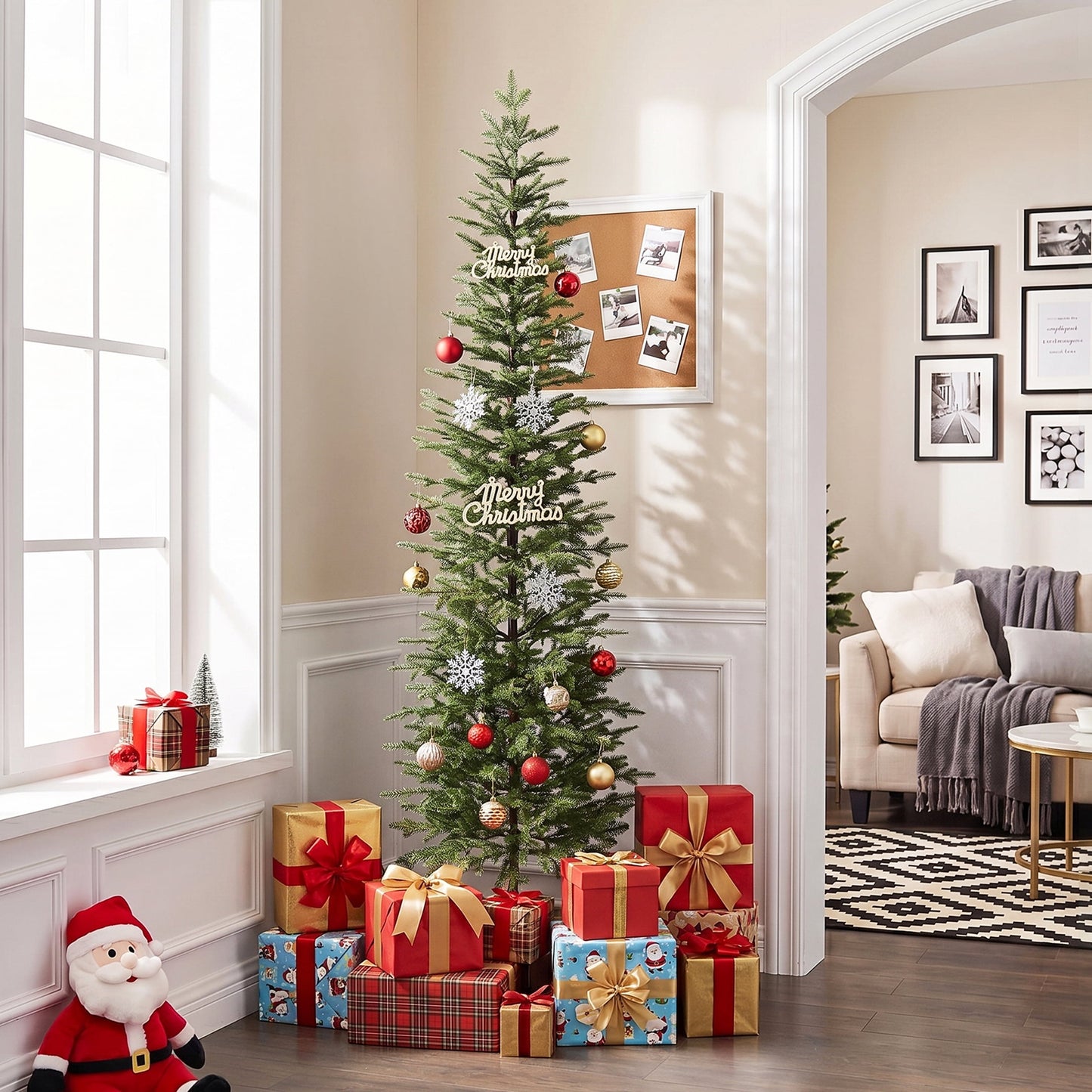 DR.Planzen 7ft Prelit Pencil Christmas Tree with 200 Warm White LED Lights, 1961 PE Branch Tips, Iron Base, Slim Artificial Christmas Tree for Apartment, Entryway, Corner, Office