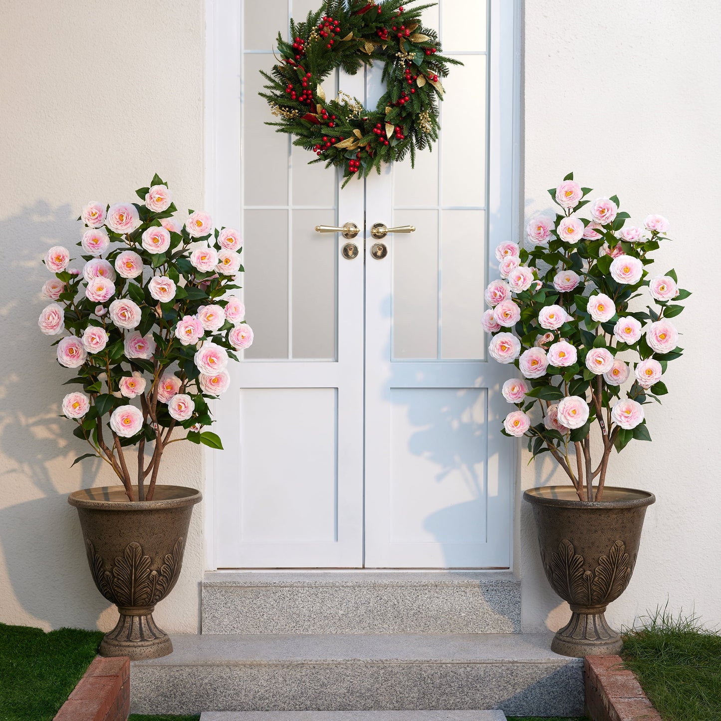2 Pack Artificial Camellia Tree 4FT Tall Faux Camellia Plant UV Resistant Fake Flowering Tree Potted ¨C 48 Blooming Pink Flowers & 348 Silk Leaves, Artificial Plant Indoor Outdoor Decor for Living Roo