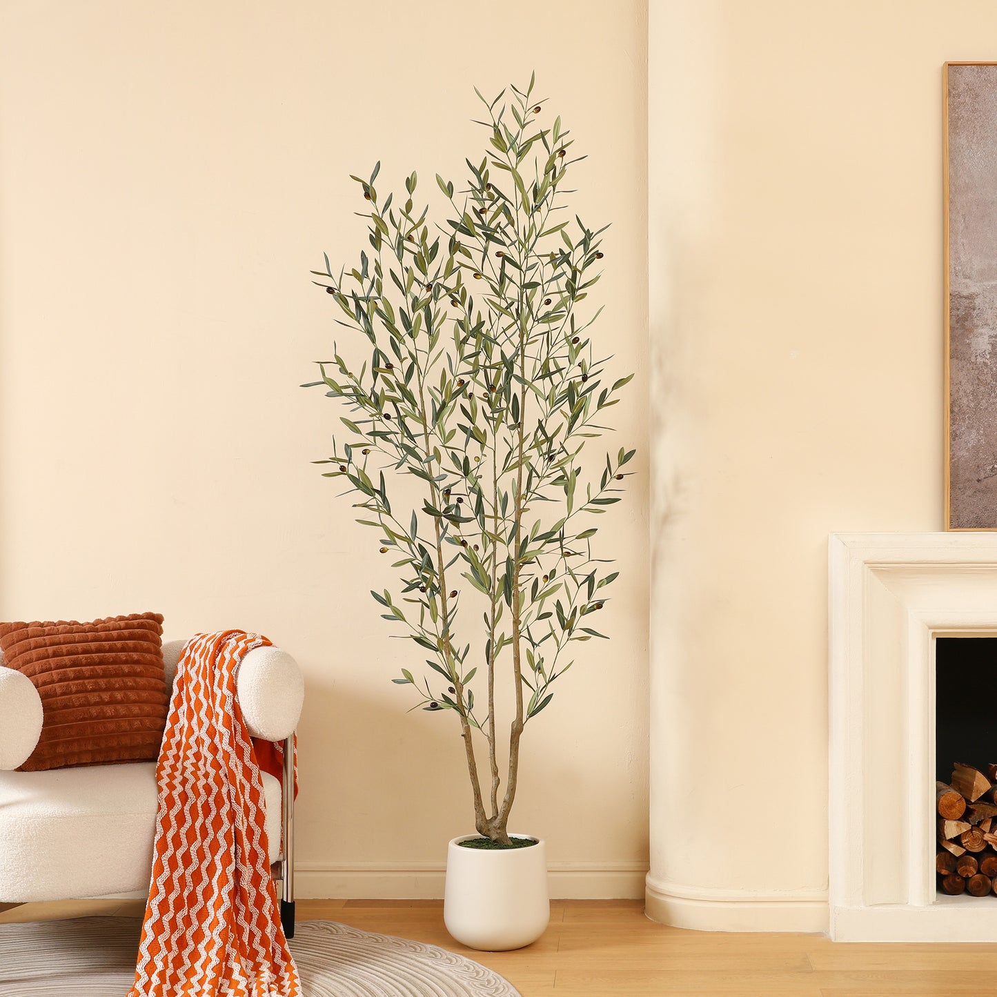 DR.Planzen 7FT Faux Olive Tree with Round White Planter, Pre Potted Fake Greenry Olive Tree for Home Decor