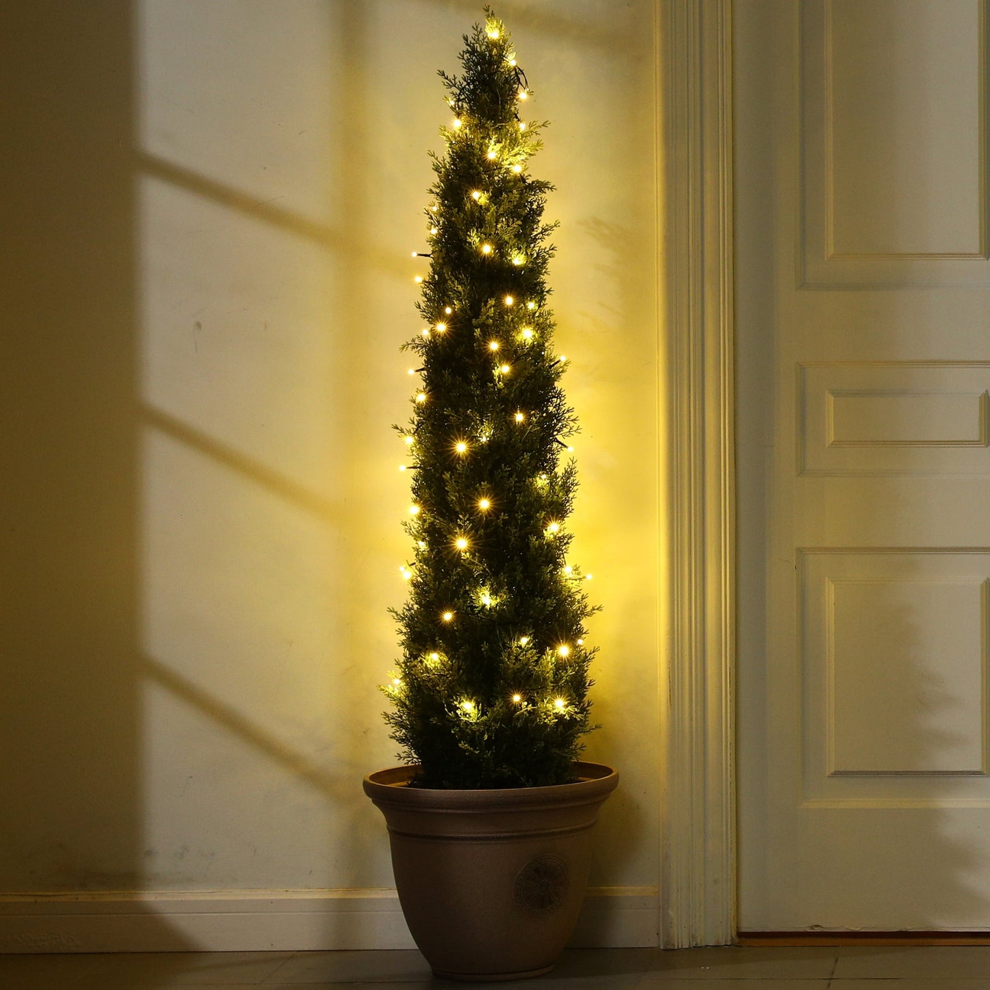 5ft Artificial Cedar Topiary Trees for Outdoors, Fake Cypress Plants with Solar Light String, Faux uv resistant Plants for Home Front Porch Decor, Housewarming Gift