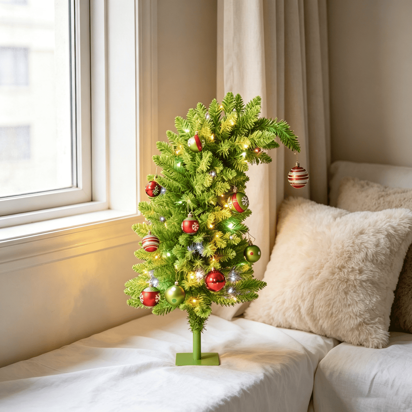 DR.Planzen 3ft Pencil Artificial Christmas Tree with Red & Green Ornaments, Pre-Decorated Slim Xmas Tree, Indoor Tabletop Holiday Decor, 1 Pack