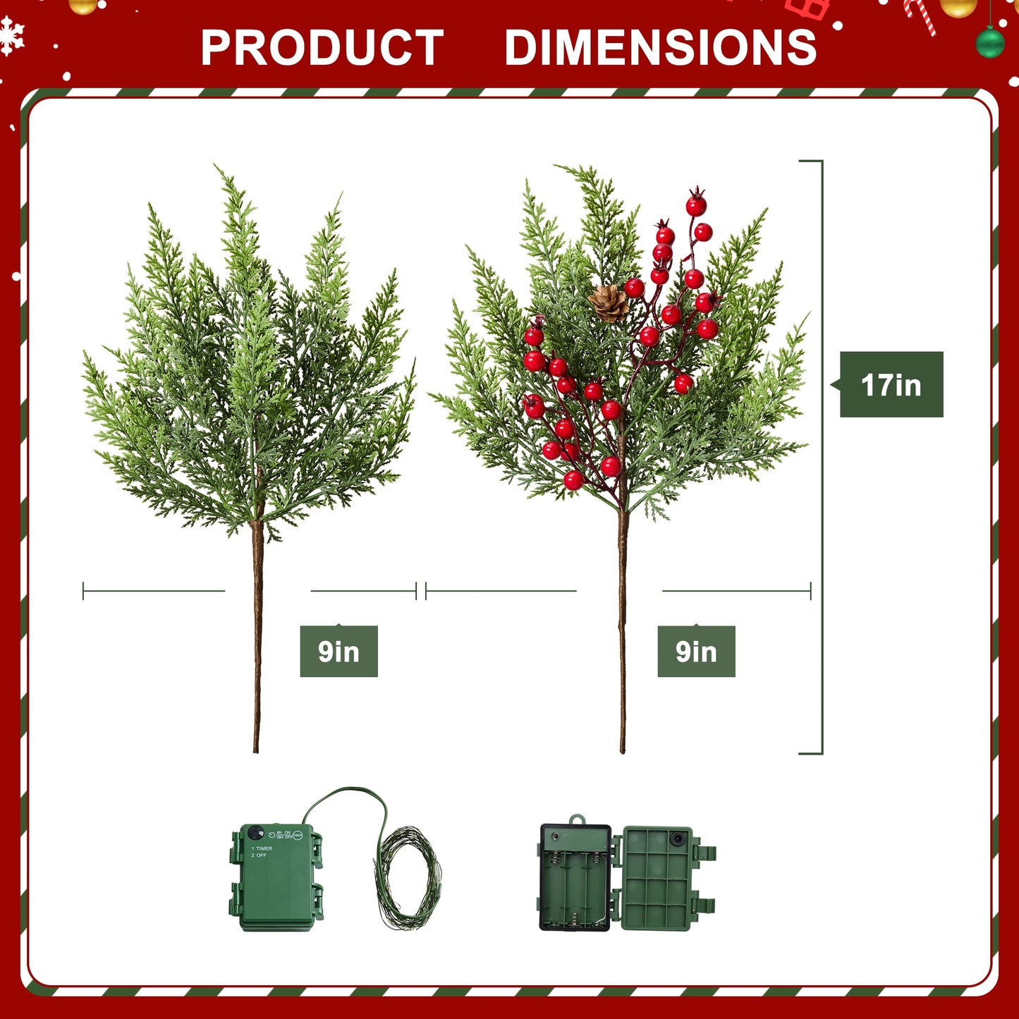 DR.Planzen 12-Pack 17" Pre-Lit Artificial Cypress Branches with Red Berries, Battery Operated Warm White LED Lights, DIY Christmas Tree Filler & Holiday Centerpiece