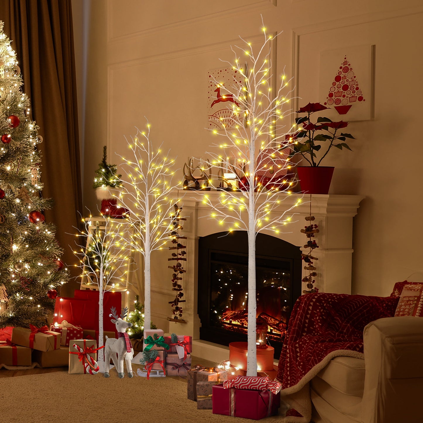 LED Birch Tree Light Set - 4ft, 6ft, 8ft Artificial Pre-lit Trees - with Plug-in Warm Lights - Indoor Outdoor Christmas Holiday Wedding Decor for Home Party (3-Pack)