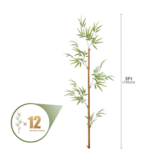 12 Pack 5FT Artificial Bamboo Privacy Screen - Faux Bamboo Plant Outdoor with Real Bamboo Poles, UV Resistant Dense Leaves Tall Fake Bamboo Fence Cover for Patio Backyard Balcony Wall Decor