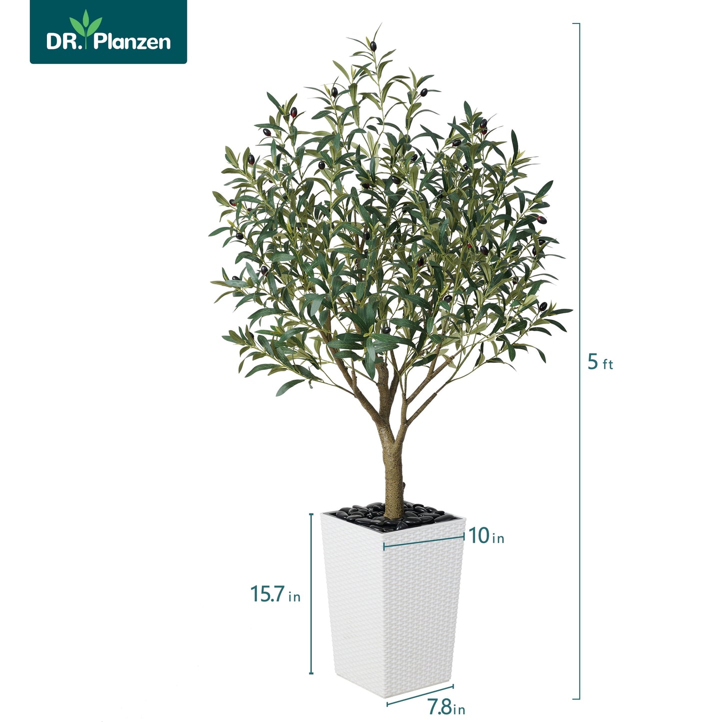 DR.Planzen UV Resistant 5ft Artificial Olive Tree in White Large Planter with Pebbles¨C Faux Olive Tree for Indoor and Outdoor Decor, Lifelike Greenery for Home & Garden Decor