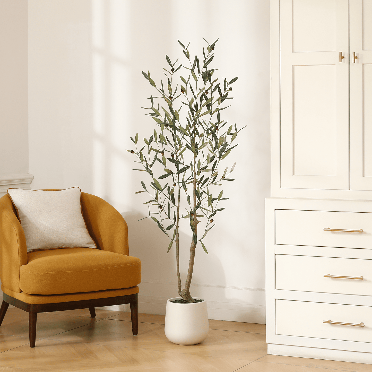 5ft Artificial Olive Tree in Large White Round Pot - Realistic Decorative Indoor Plant for Home and Office
