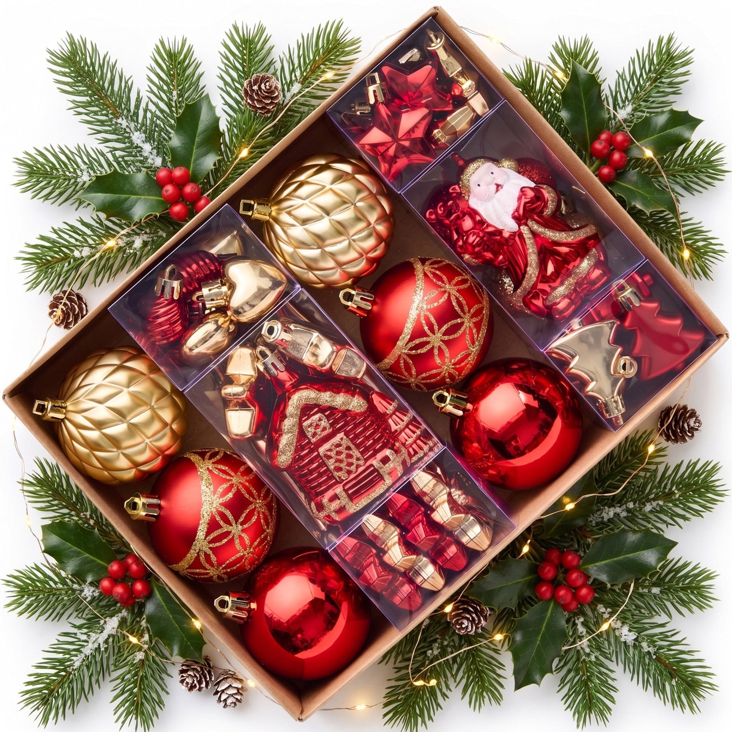 DR.Planzen 44ct Red Gold & White Christmas Ornaments Set, Assorted 2.36" & 1.18" Embossed Glazed Holiday Balls with Santa & Houses, Indoor Xmas Decor