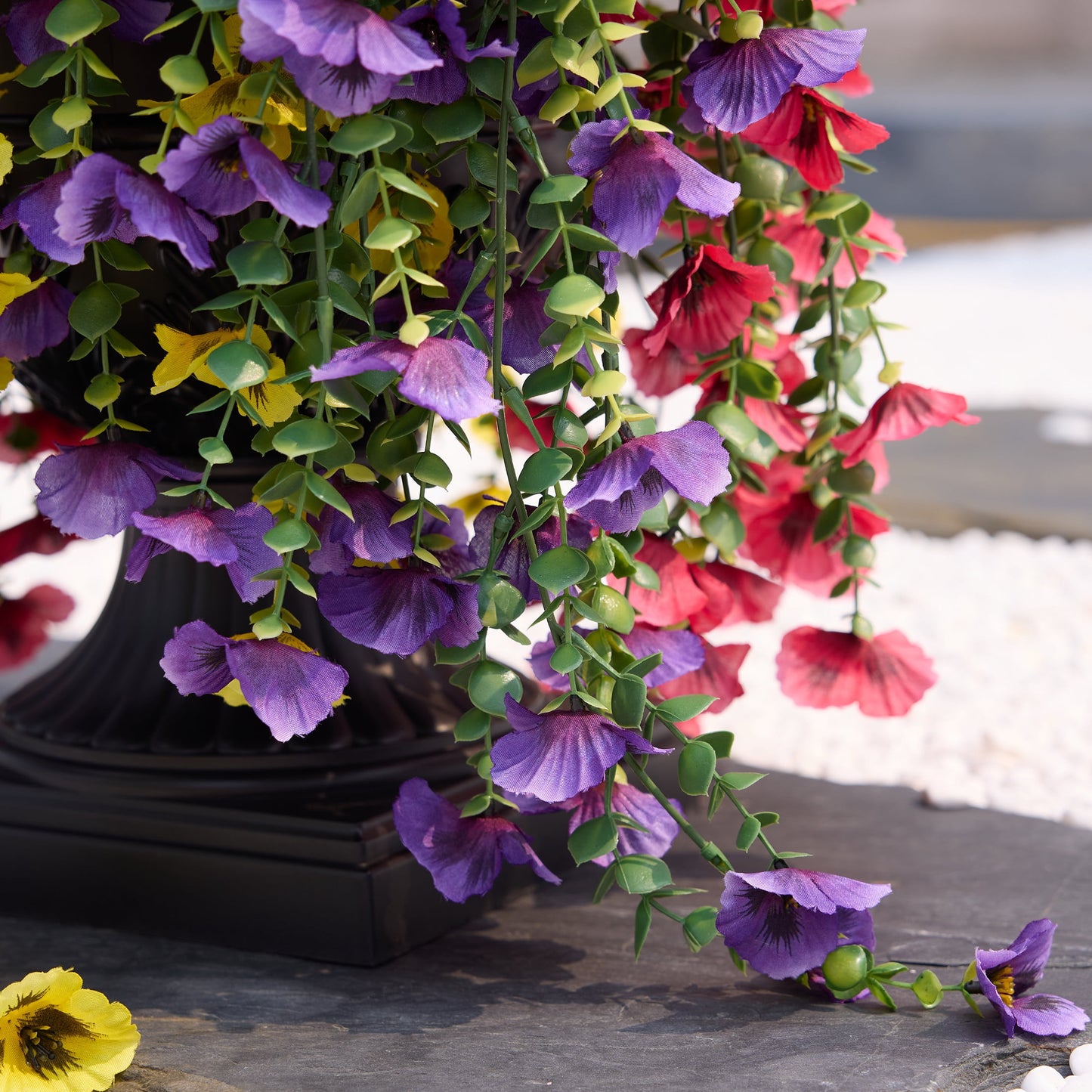 2 Pack 26in Artificial Pansy Flowers, Faux Hanging Flowers, Fake Outdoor Flowers, Pansy Arrangement - 660 Blooms in Black Urn Planter - Spring Decor for Covered Porch Patio Entryway