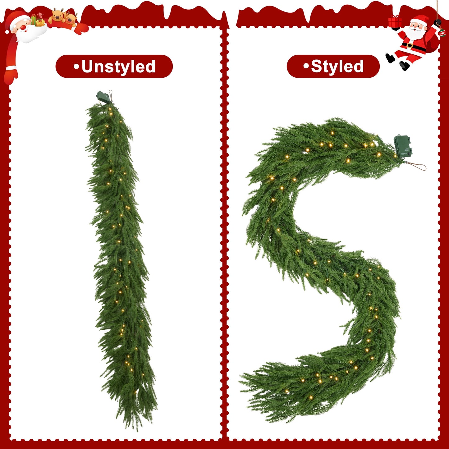 DR.Planzen 6ft Pre-Lit Artificial Norfolk Pine Foliage Spray with 50 Warm White LED Lights, 90 PE Branches & 30 Tips, Battery Operated DIY Christmas Tree Filler & Vase Decor