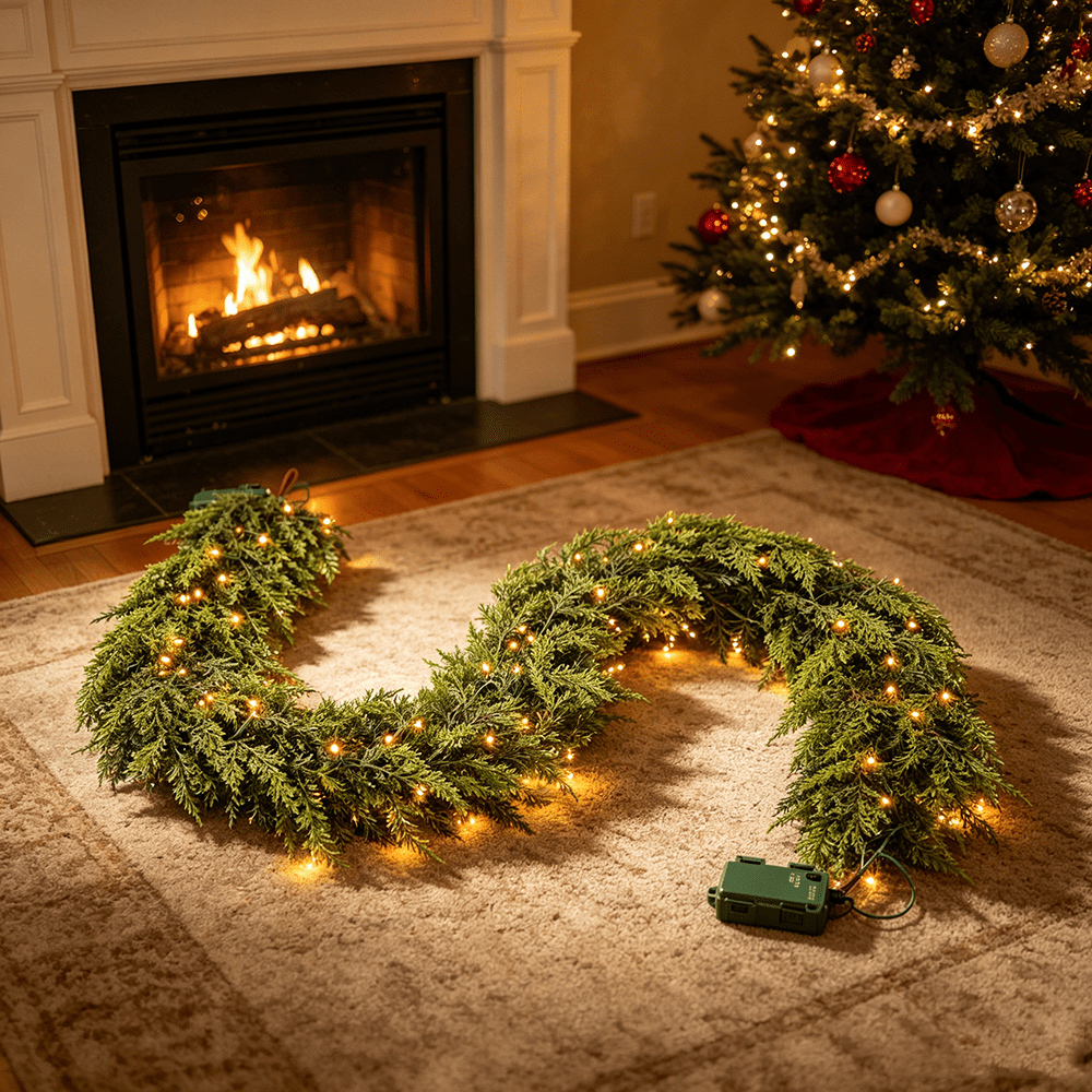 DR.Planzen 6FT Artificial Norfolk Pine Garland with LED Lights, 600 PE Tips Prelit Christmas Garland, Lighted Artificial Pine Garland - 50 Warm White LEDs for Mantel Fireplace Table