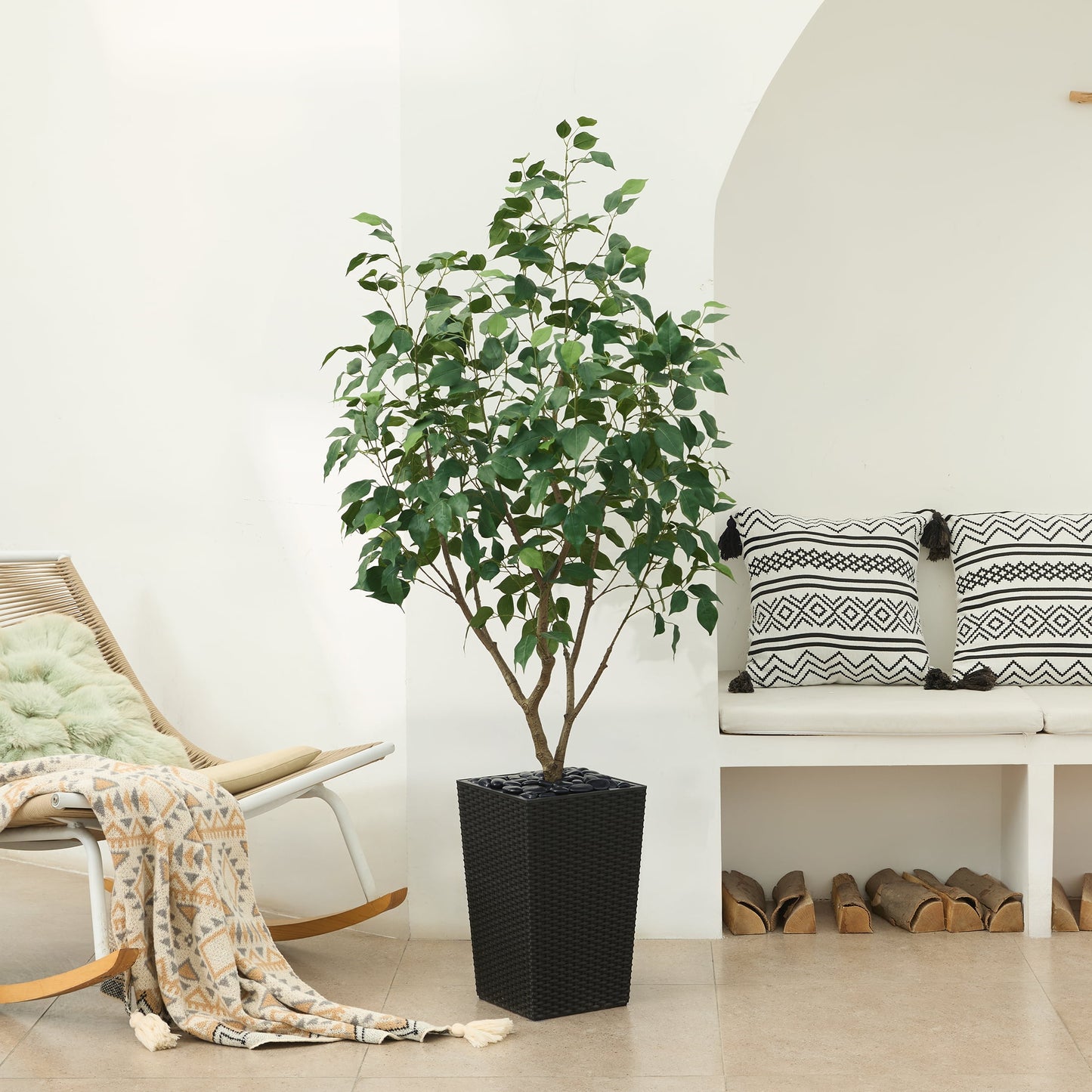 DR.Planzen Artificial Ficus Tree 5ft - UV Protected Faux Ficus Plant with Adjustable Branches and Realistic Green Leaves for Indoor & Outdoor Decor, Black Large Planter with River Rocks