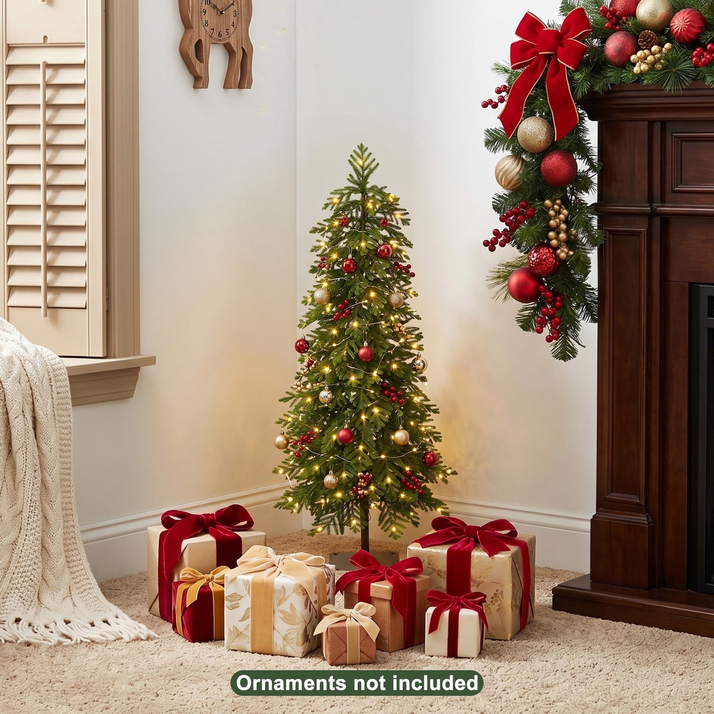 DR.Planzen 4ft Pre-Lit Artificial Norfolk Pine Tree with Metal Stand, 100 Warm White LED Lights, 2-Piece Assembly Faux Tree in Coffee Pot for Indoor Home & Office Decor