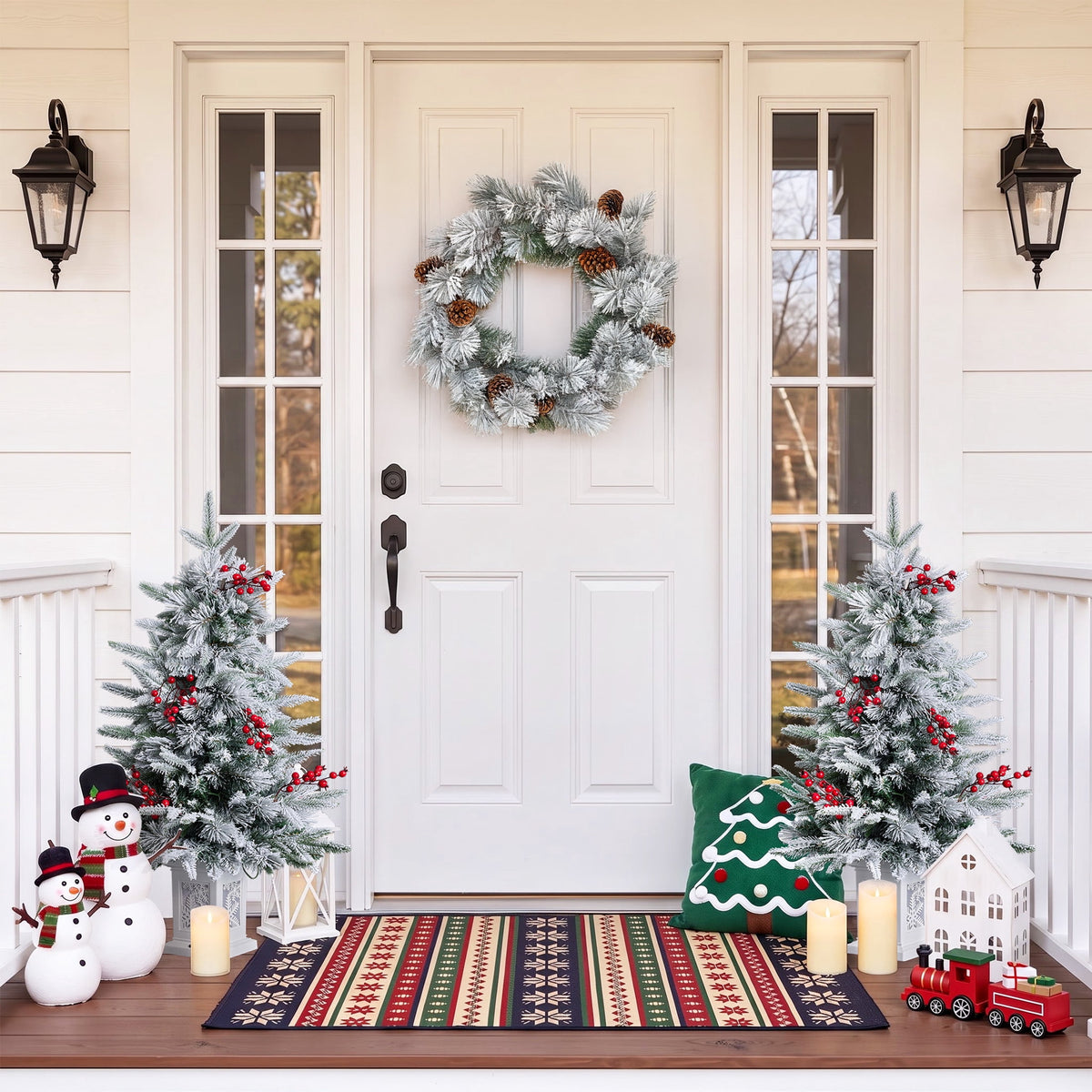 DR.Planzen 2-Pack 3FT Pre-Lit Artificial Christmas Trees, Warm White Lights, Red Berries and White Bases, Indoor Holiday Decorations