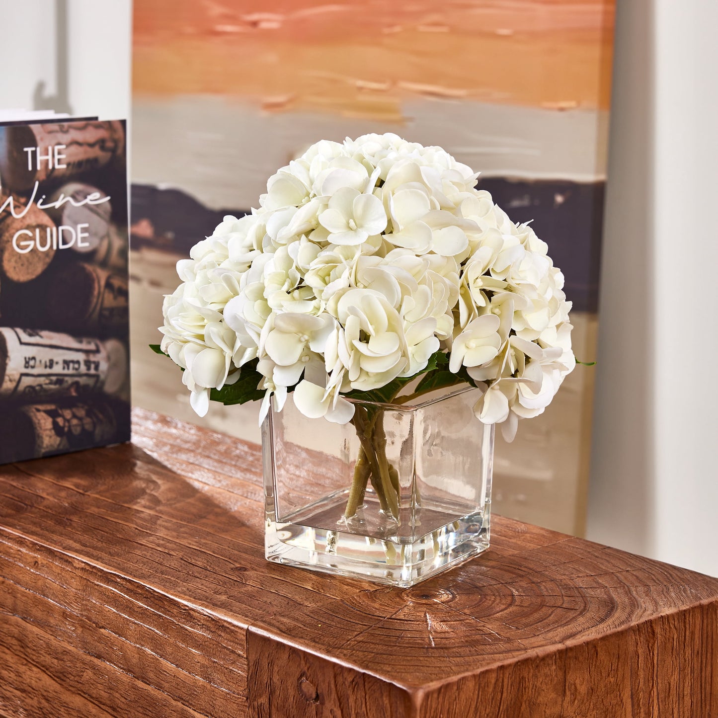 12in Artificial Hydrangea Flowers with Glass Vase, Hydrangea Artificial Flowers White Faux Hydrangea Arrangement - 90 Blooms Full Hydrangea Centerpiece for Home Table Wedding Decor Indoor
