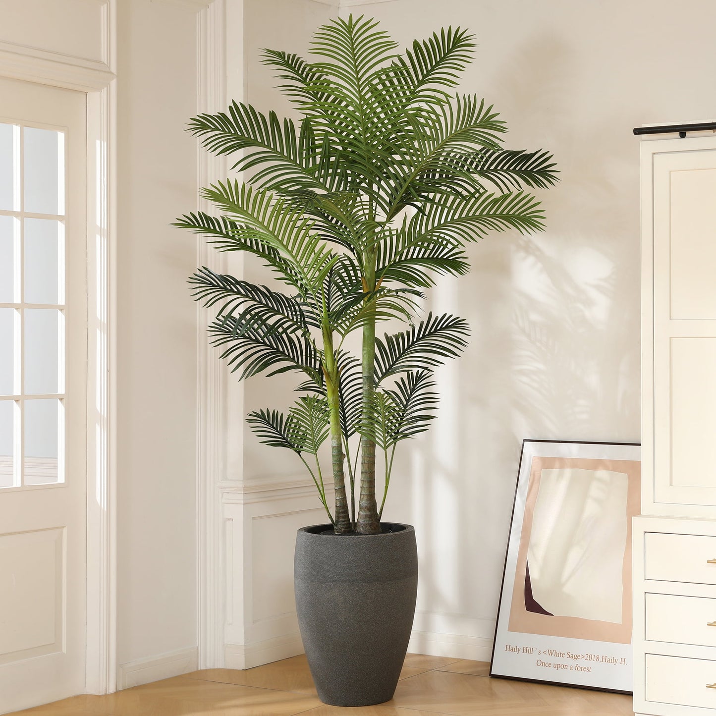 8ft UV Resistant Artificial Palm Tree with Grey Tall Planter, Pre Potted Fake Palm Tree for Indoor Outdoor Home Decor, Big Faux Plants Fake Plants for Office House Decor