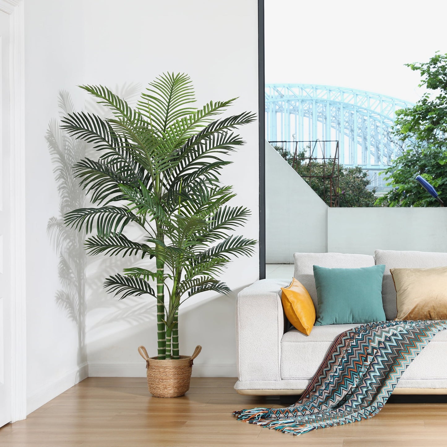 Artificial Golden Cane Palm Plants 6 Feet Fake Tree for Home Decor Indoor Outdoor Faux Areca Palm Tree in Pot for Home Office Perfect Housewarming Gift,Set of 1