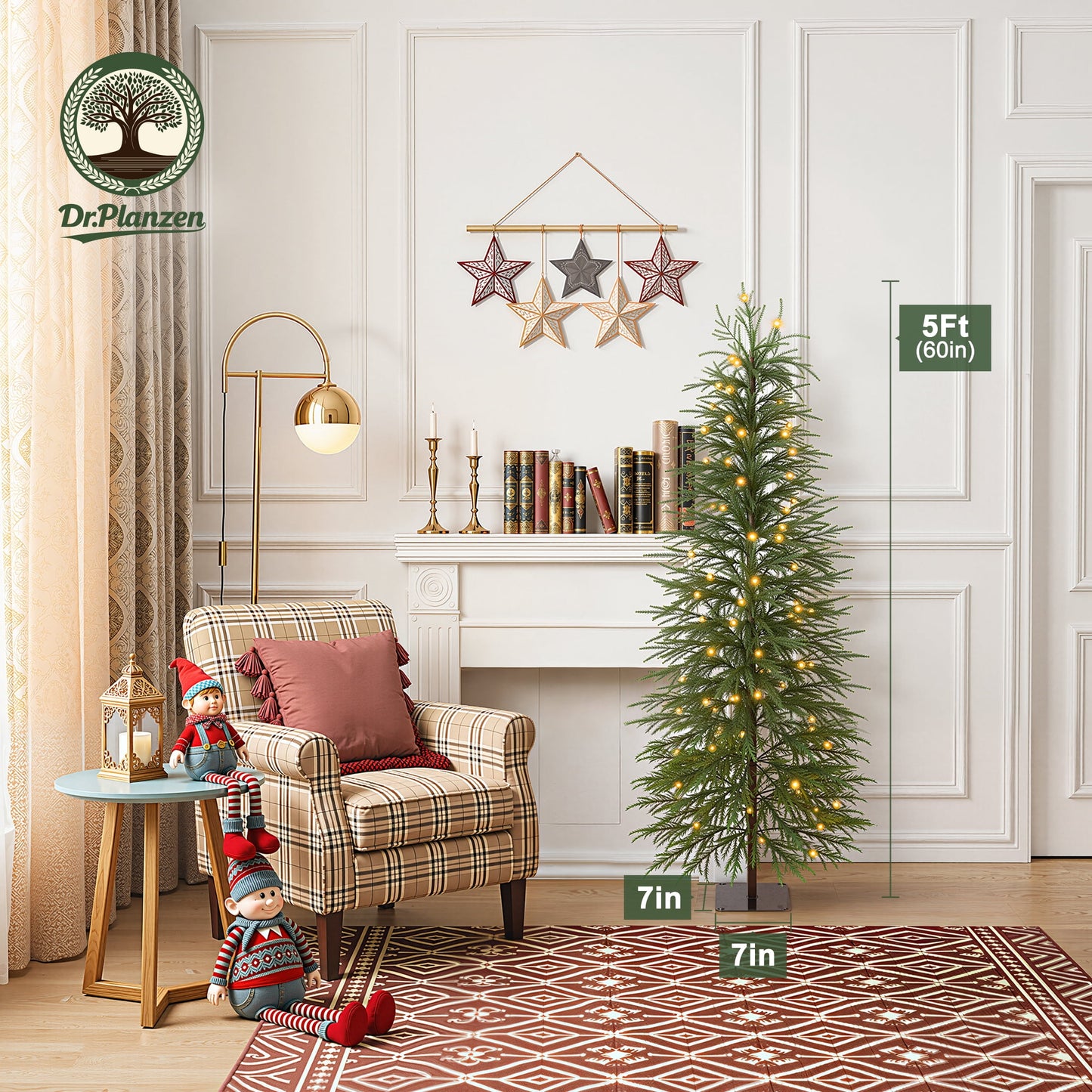 DR.Planzen 5' Pre-Lit Green Cypress Artificial Christmas Tree with 150 Warm White LED Lights, Slim Xmas Tree with Metal Stand, Easy Assembly Indoor Tabletop Holiday Decor