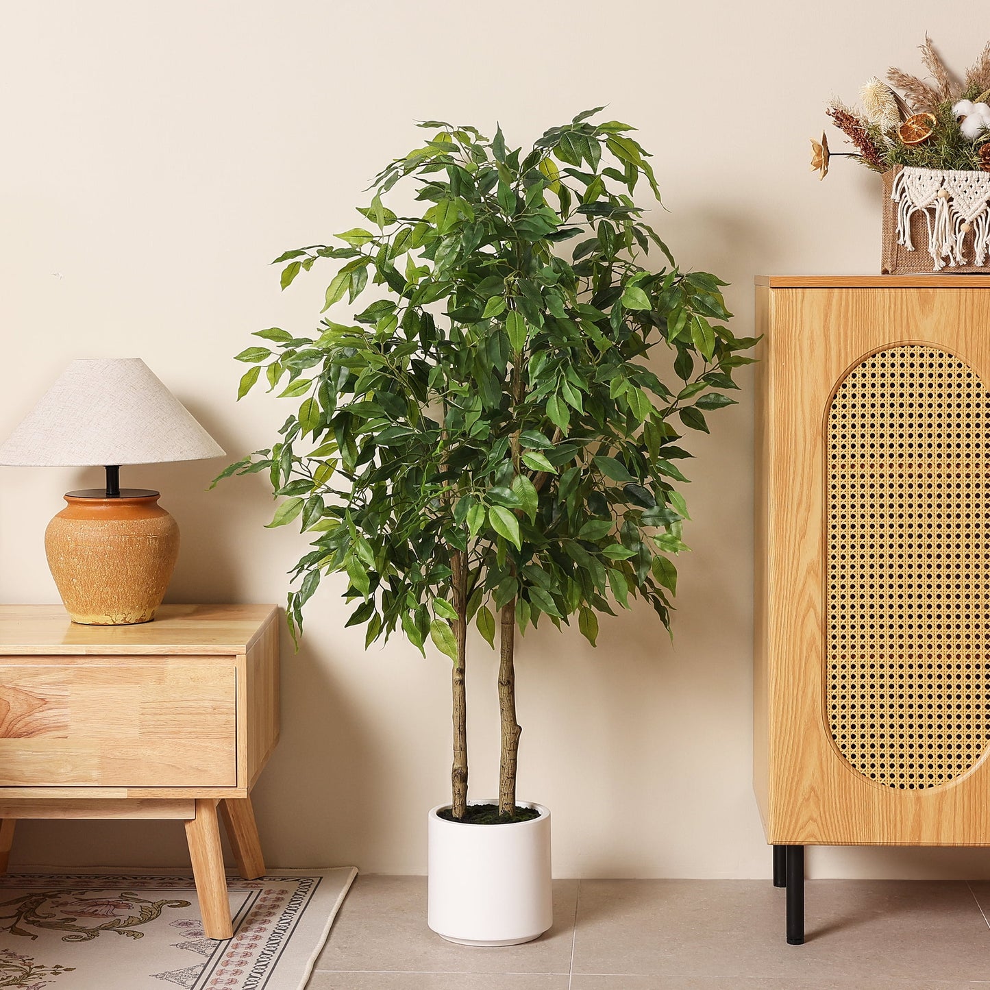 DR.Planzen 4.5ft Artificial Ficus Tree with White Planter, Tall Faux Ficus Tree, Artificial Plants for Home Office Decor