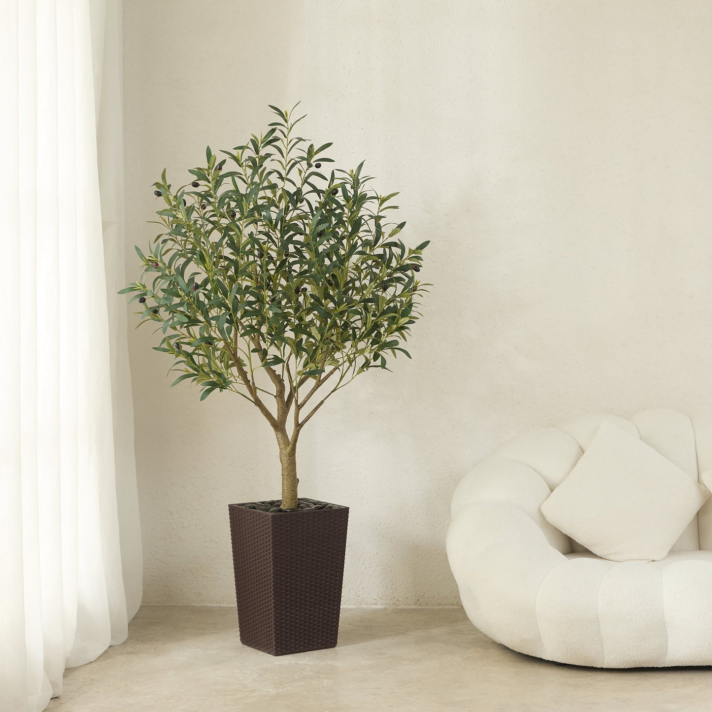 DR.Planzen UV Resistant 5ft Artificial Olive Tree in Brown Large Planter with Pebbles¨C Faux Olive Tree for Indoor and Outdoor Decor, Lifelike Greenery for Home & Garden Decor