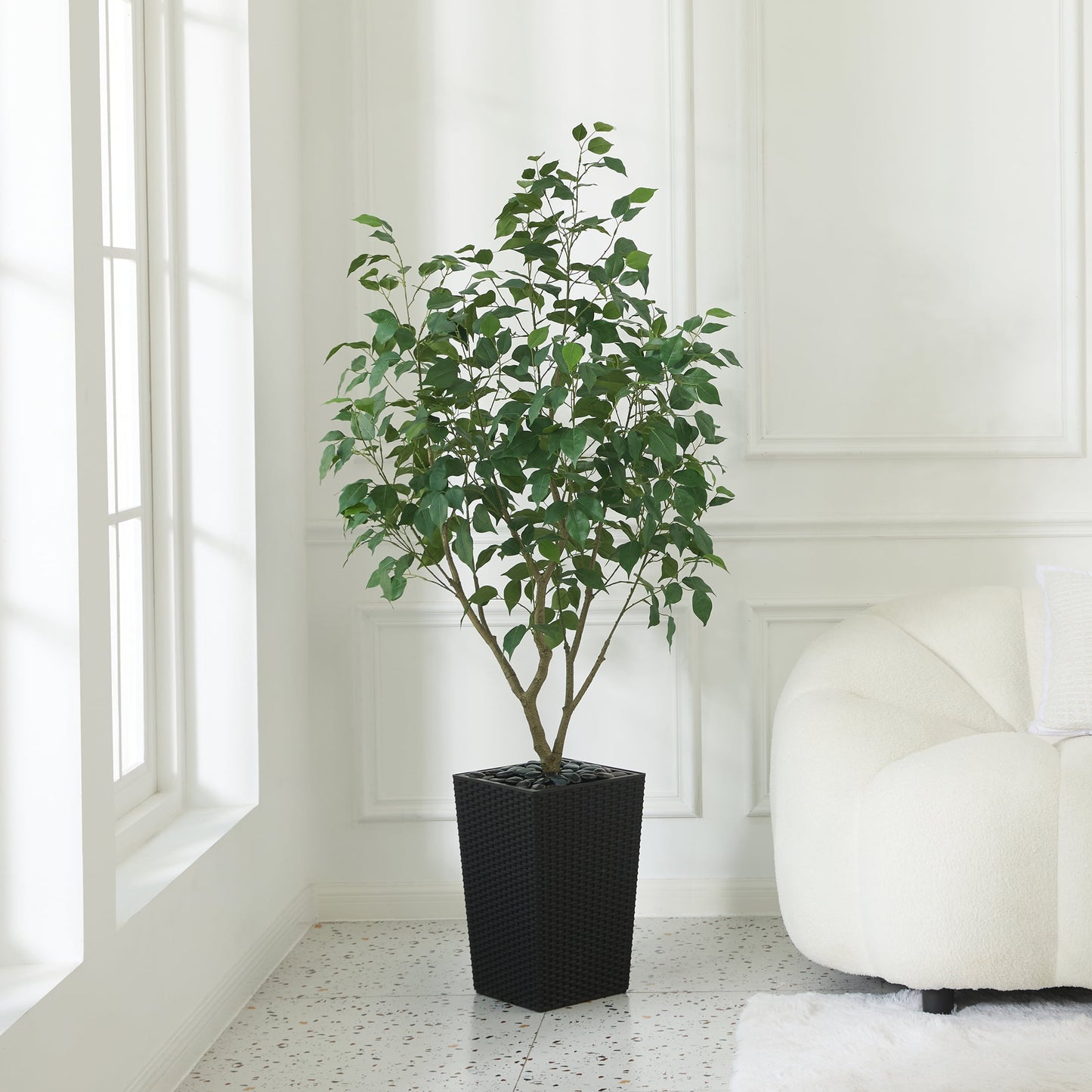 DR.Planzen Artificial Ficus Tree 5ft - UV Protected Faux Ficus Plant with Adjustable Branches and Realistic Green Leaves for Indoor & Outdoor Decor, Black Large Planter with River Rocks