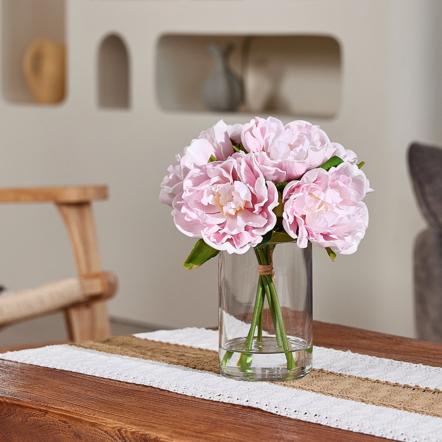 DR.Planzen Artificial Pink Peony Bouquet in Cylinder Vase with Faux Water, 6 Stems with 6 Realistic White Peony Blooms, 10.6" Tall Ready-to-Use Home Office Centerpiece Decor
