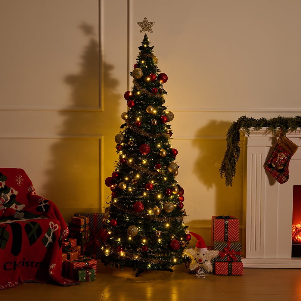 DR.Planzen 7ft Artificial Prelit Christmas Tree - Christmas Tree with Lights, 150 Warm White LED, 8 Modes, 90 Red Gold Ornaments - Collapsible Indoor Holiday Decor for Apartment Office