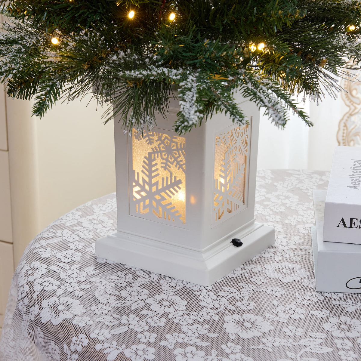 DR.Planzen 3 FT Pre-Lit Christmas Trees, 78 Warm White LEDs Each, 8 Light Modes & Timer, Artificial Trees with Lighted White Pedestal Bases, 2 PCS