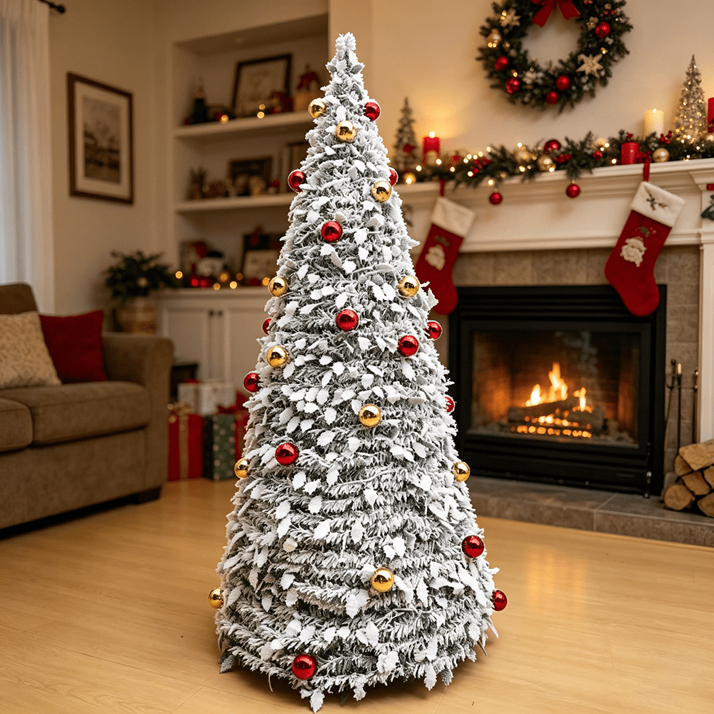 7 ft Flocked Christmas Tree with Lights - Artificial Christmas Tree, Foldable Snow Christmas Tree, Prelit Xmas Tree with Ornaments and Plastic Stand for Indoor Holiday Decorations