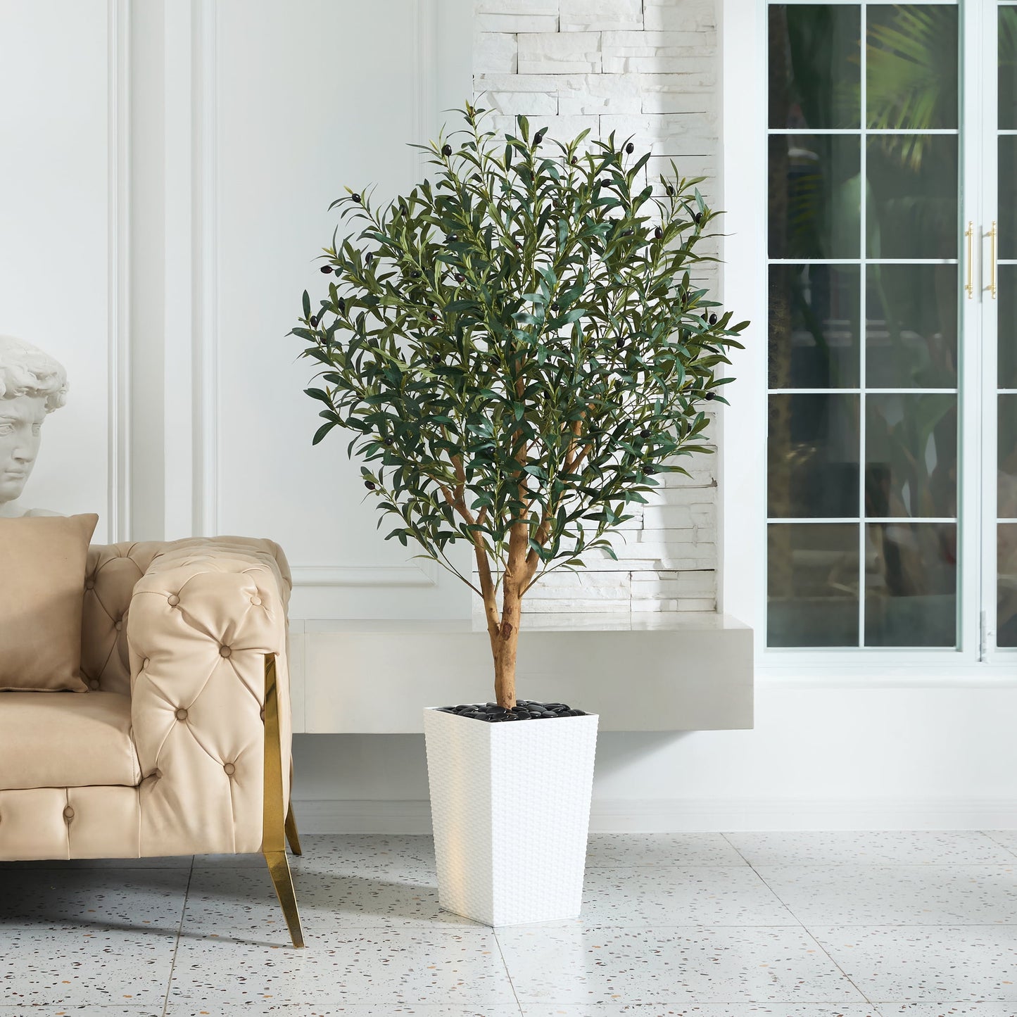 DR.Planzen UV Resistant 5ft Artificial Olive Tree with Natural Wood Branches and Realistic Silk Leaves,Faux Olive Tree for Indoor and Outdoor Decor - White Large Planter with Pebbles