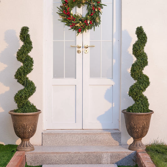 2 Pack 4FT Artificial Boxwood Spiral Topiary Tree ¨C 900 Leaves Faux Boxwood Plant, UV Resistant Outdoor Fake Plant ¨C Realistic Front Door Entryway Porch Decor Potted Tree for Outdoor Garden Patio