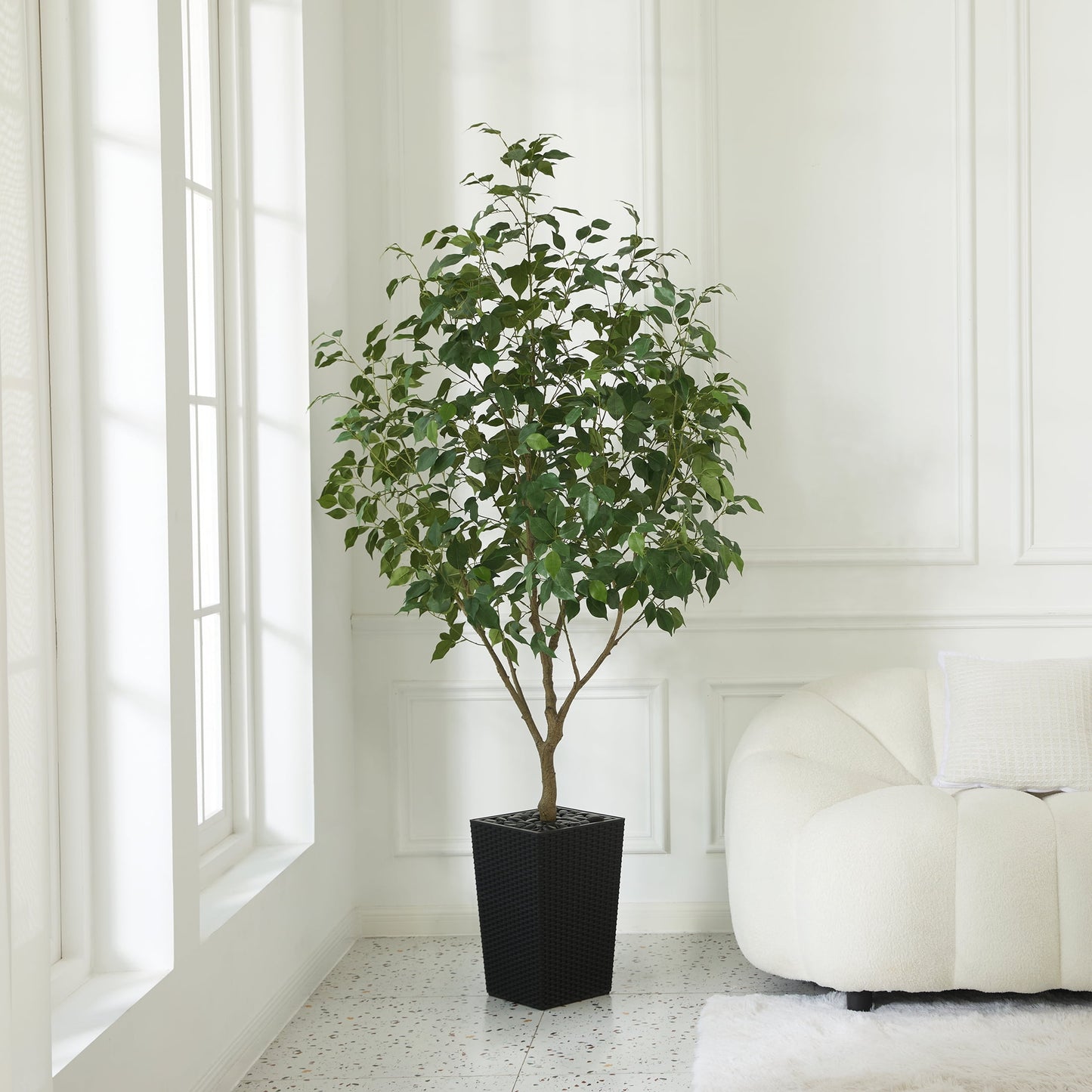 DR.Planzen Artificial Ficus Tree 6ft - UV Protected Faux Ficus Plant with Adjustable Branches and Realistic Green Leaves for Indoor & Outdoor Decor, Brown Large Planter with River Rocks