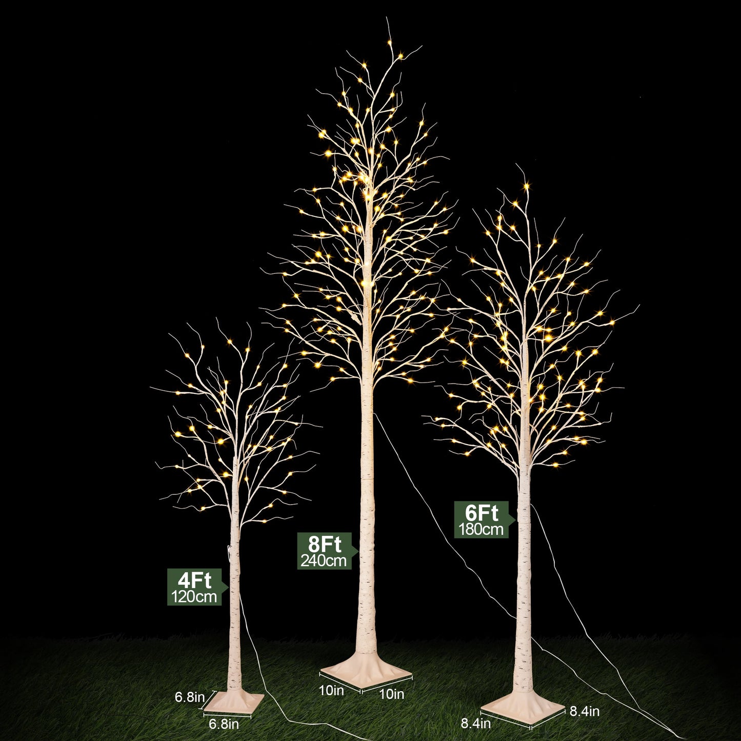 LED Birch Tree Light Set - 4ft, 6ft, 8ft Artificial Pre-lit Trees - with Plug-in Warm Lights - Indoor Outdoor Christmas Holiday Wedding Decor for Home Party (3-Pack)