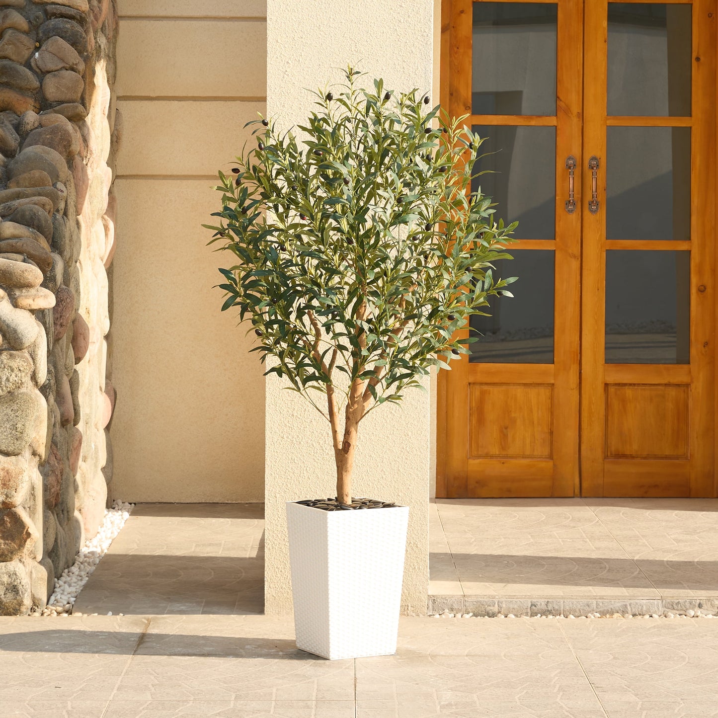 DR.Planzen UV Resistant 5ft Artificial Olive Tree with Natural Wood Branches and Realistic Silk Leaves,Faux Olive Tree for Indoor and Outdoor Decor - White Large Planter with Pebbles