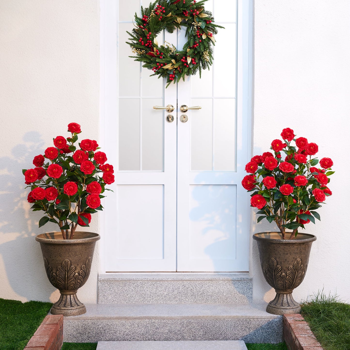 Artificial Camellia Tree 3FT in Pot ¨C 27 Blooming Red Flowers & 252 Leaves UV Resistant Faux Camellia Plant for Indoor Outdoor Decor, Front Door Porch Patio Living Room Office