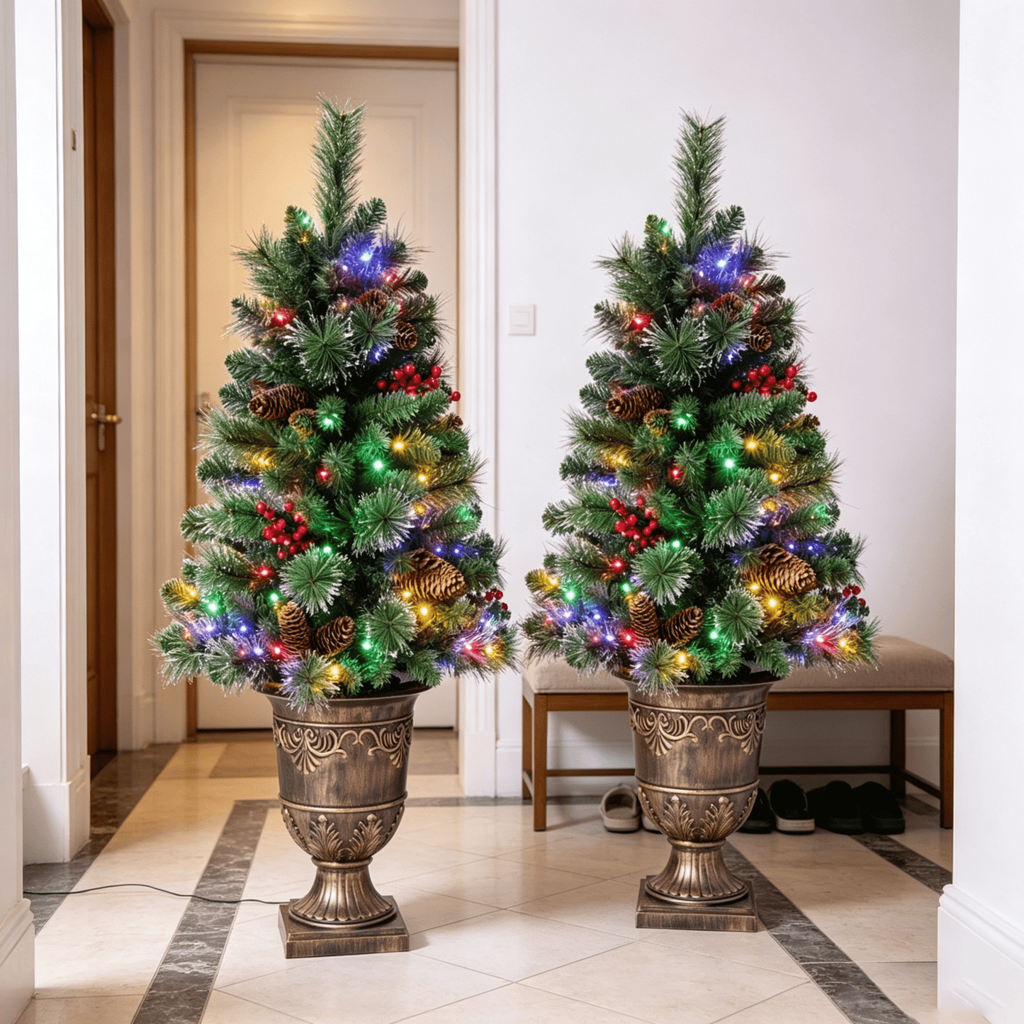 DR.Planzen 4ft Pencil Artificial Christmas Tree with Red Berries, Pine Cones & Flocked Branches, Pre-Decorated Slim Xmas Tree in Decorative Vase, Indoor Tabletop Holiday Decor, 1 Pack
