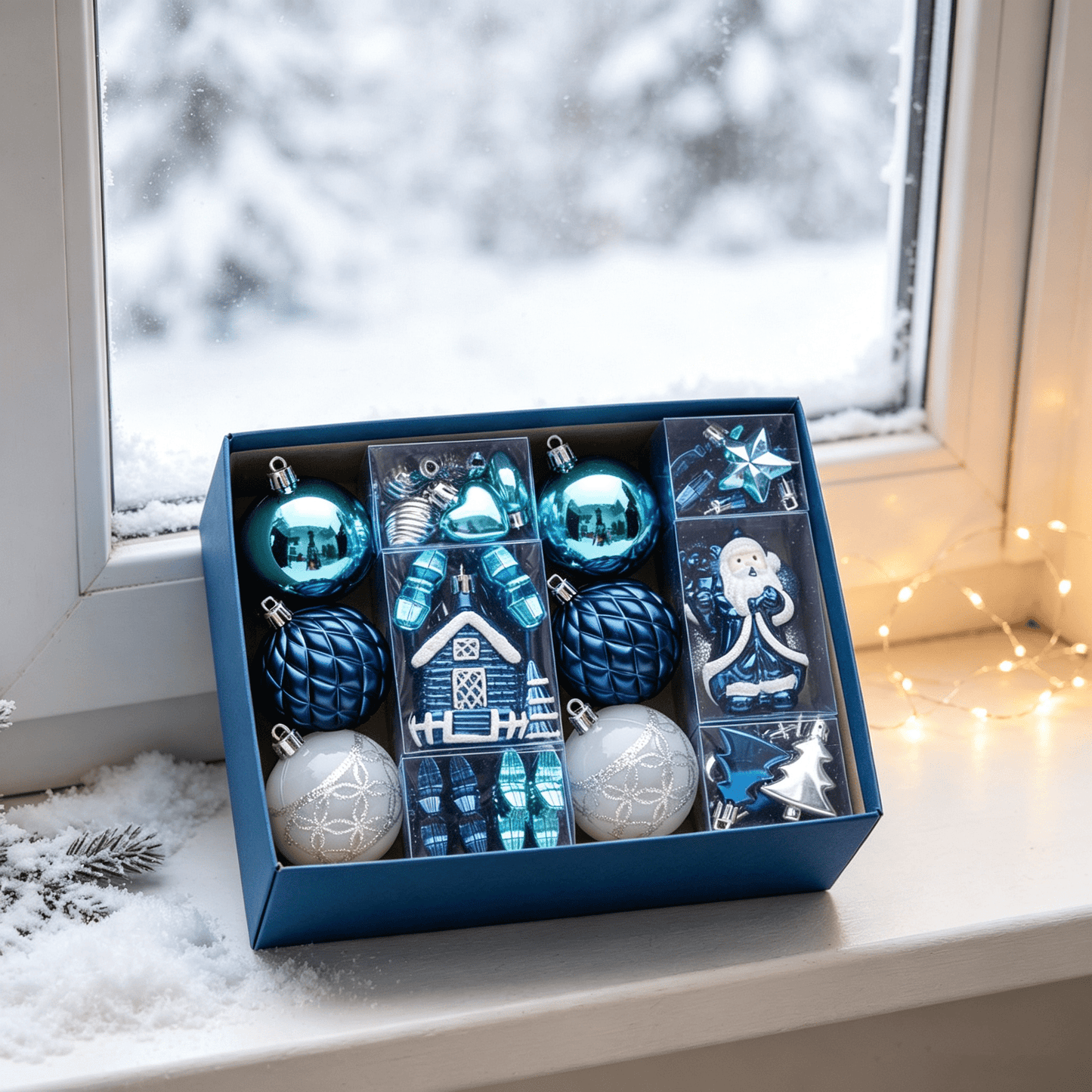 DR.Planzen 44ct Blue & White Christmas Ornaments Set, Assorted 2.36" & 1.18" Embossed Glazed Holiday Balls with Snowflakes & Stars, Indoor Winter Decor