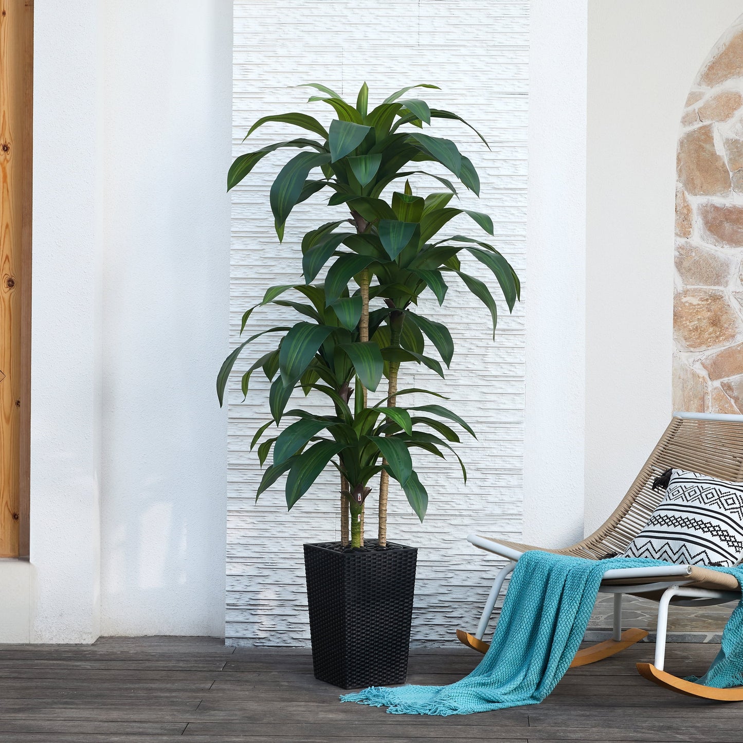 DR.Planzen Artificial Dracaena Tree 6ft - UV Protected Faux Dracaena Plant with 76 Green Leaves, Fake Tree for Indoor & Outdoor Use, Sturdy Tall White Planter with River Stones