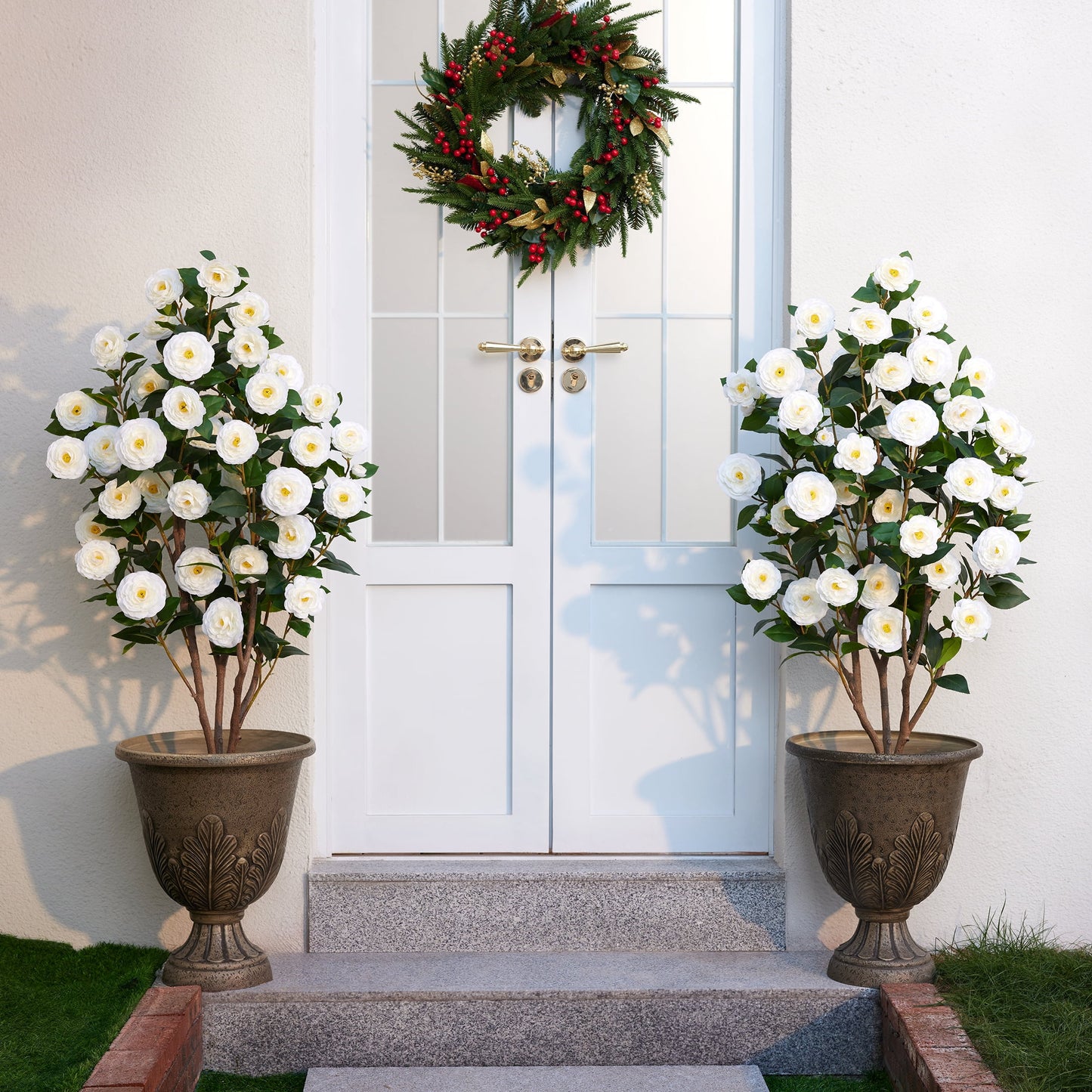 Artificial Camellia Tree 4FT Tall Faux Camellia Plant UV Resistant Fake Flowering Tree Potted ¨C 48 Blooming White Flowers & 348 Silk Leaves, Artificial Plant Indoor Outdoor Decor for Living Room Porc