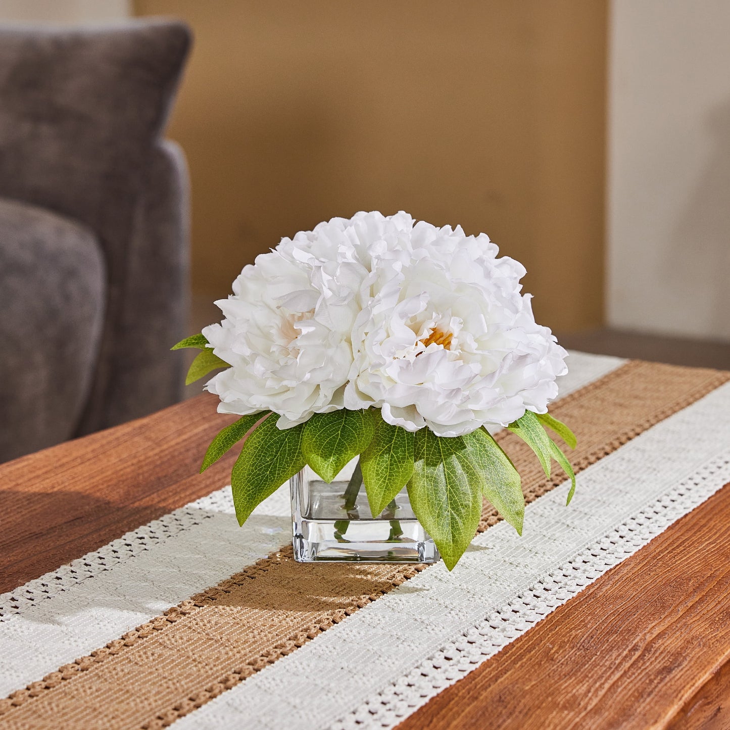 DR.Planzen 8.4in Artificial Peony Flowers, Fake Flowers with Vase, Faux Peony Flowers, White Artificial Flowers - Glass Vase Faux Water Arrangement - Table Centerpiece for Home Decor