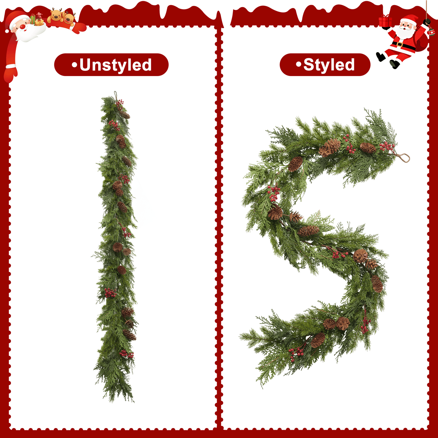 DR.Planzen 2Pack 6ft Artificial Pine & Berry Foliage Spray with Red Cones, Long Flexible Greenery Garland for DIY Christmas Tree Filler, Wreaths & Vase Filler