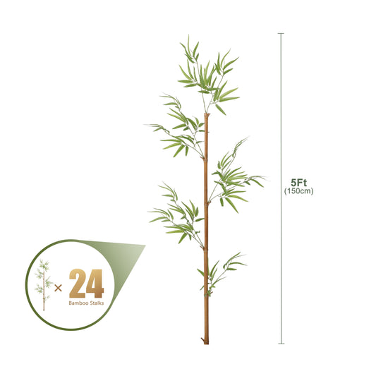 24 Pack 5FT Artificial Bamboo Privacy Screen - Faux Bamboo Plant Outdoor with Real Bamboo Poles, UV Resistant Dense Leaves Tall Fake Bamboo Fence Cover for Patio Backyard Balcony Wall Decor